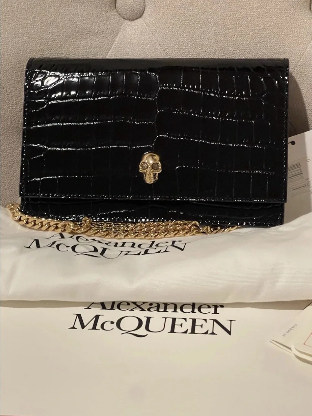 ALEXANDER MCQUEEN Black Croc Embossed Leather Skull Bag Gold Chain NWT$990